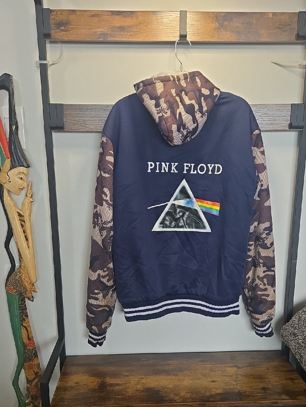 Pink Floyd Navy and Camo Sherpa Lined Varsity Dark Side Hooded Jacket